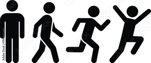 Collection of four black vector stick figure pictograms illustrating a human movement sequence from standing to walking running and jumping isolated on white background