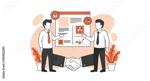 Two businessmen finalize a deal, illustrated by a large handshake, with a digital interface showing business data and icons in the background.