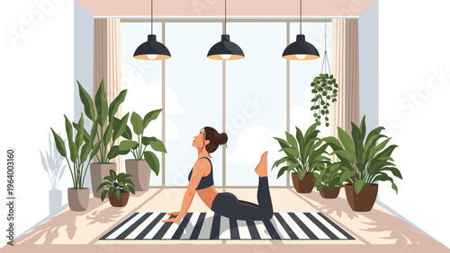 Young woman practicing cobra yoga pose in bright modern sunroom filled with lush green indoor potted house plants.