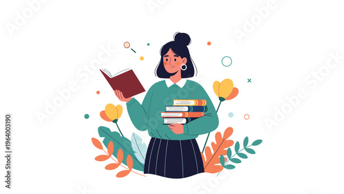 Young woman holding book while reading and carrying stack of books surrounded by colorful autumn flowers and leaves.