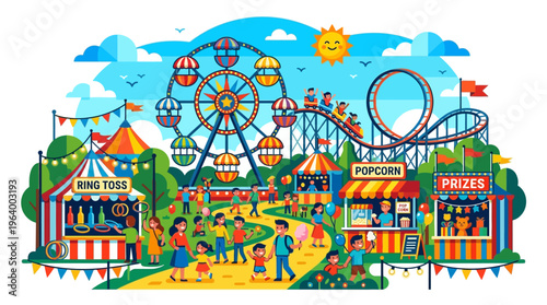 Colorful amusement park ride structures.