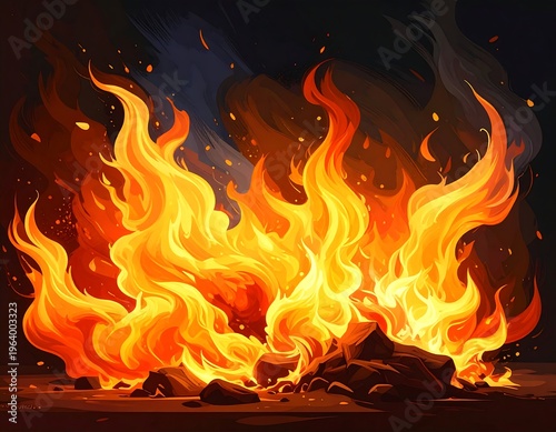 A vibrant fire with yellow and orange flames