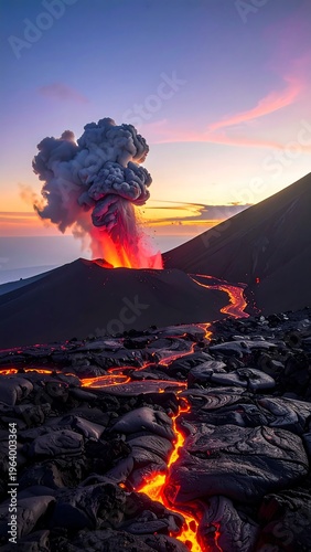 A volcano erupts at sunset with lava flowing