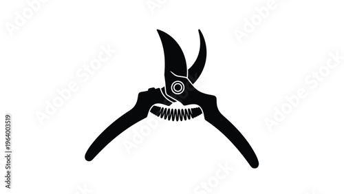 Bold black silhouette of garden pruning shears in open position isolated on white background for gardening themes.