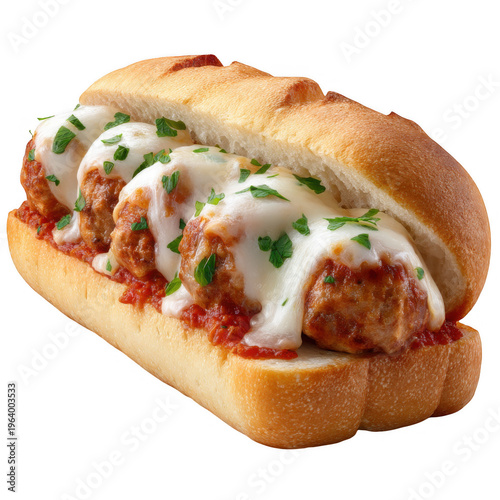 A delicious italian meatball sub sandwich with melted mozzarella cheese and fresh green herbs isolated on transparent background