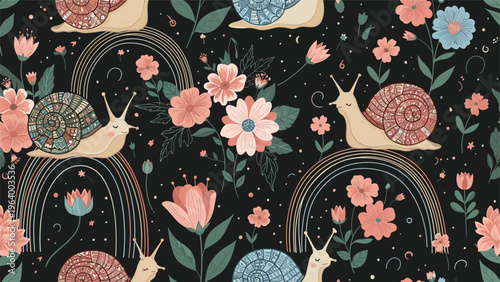 Whimsical seamless pattern featuring cute snails colorful flowers and rainbows on a dark black starry background.