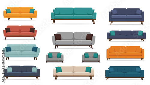 Set of modern comfortable sofas and armchairs in various colors like blue orange grey and red on white background.
