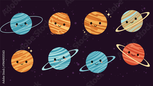 Collection of adorable cartoon planets with happy faces and rings floating in deep space with stars and sparkles.