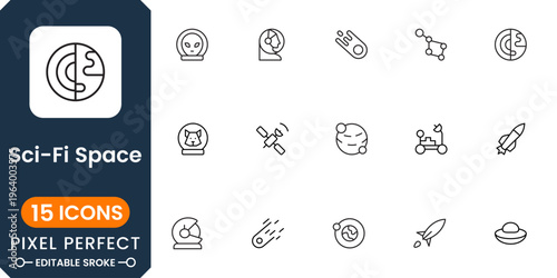 Sci fi space icon collection with rocket, astronaut, galaxy and cosmic symbols modern minimal vector design for futuristic projects