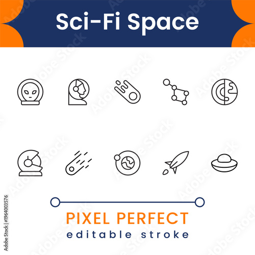 Futuristic sci fi space icon pack featuring astronaut, rocket launch, galaxy and cosmic technology symbols clean vector set
