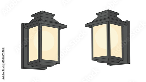 Pair of modern black outdoor wall lanterns with warm glowing glass panels isolated on white background for architecture.