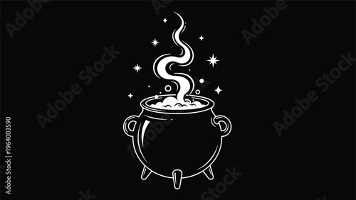 Mystical black and white illustration of bubbling witch cauldron with rising steam and magical stars on black background.