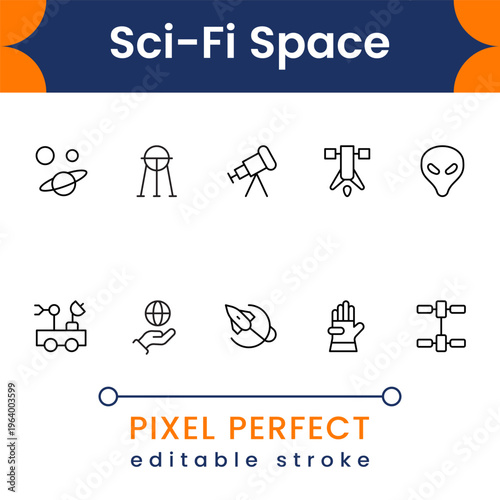 Futuristic sci fi space icon pack featuring astronaut, rocket launch, galaxy and cosmic technology symbols clean vector set