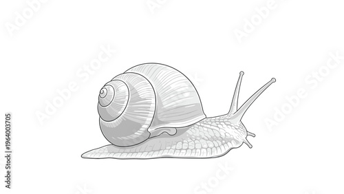 Detailed grey-scale illustration of a garden snail with its shell and tentacles moving slowly across a surface for nature studies.