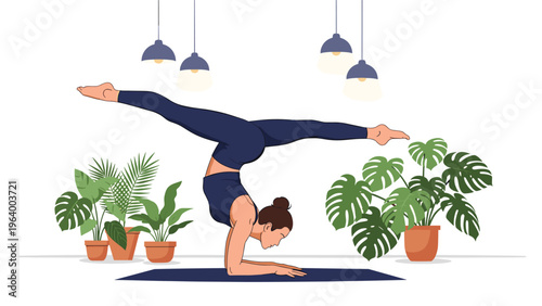 Focused young woman performing a challenging yoga headstand pose in a modern home interior decorated with many green potted plants.