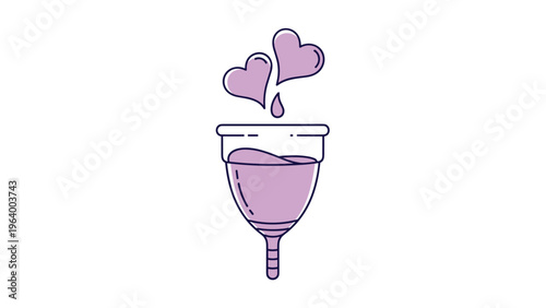 Menstrual cup illustration in purple tones with hearts and a droplet symbolizing sustainable period care and female hygiene products.