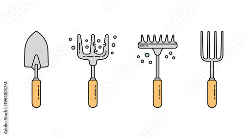 Set of four metal hand garden tools with wooden handles including a trowel, fork, and rake for small-scale digging and weeding.