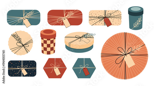 Diverse collection of wrapped gift boxes and cylindrical containers with various patterns, tags, and dried flower decorations for holidays.