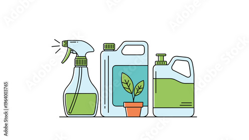 Set of garden chemicals or organic fertilizers in various containers featuring a plant sprout icon for lawn care and plant nutrition.