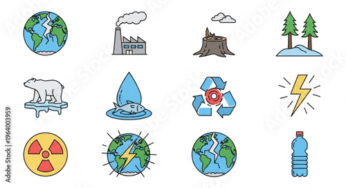 Environmental Issues and Sustainability Icons Depicting Pollution and Conservation.