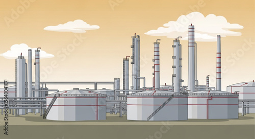 Industrial Landscape - Oil Refinery Towers and Storage Tanks.
