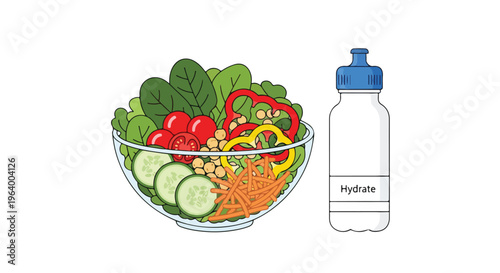Healthy Salad and Hydration Water Bottle: Fresh Vegetables, Diet, Fitness, and Wellness Concept