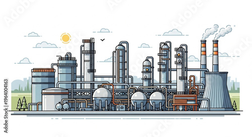 Detailed Illustration of an Industrial Plant with Smokestacks and Storage Tanks.