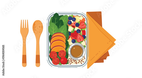 Healthy Lunch Box with Fresh Ingredients and Wooden Utensils, Top View, Isolated on White Background