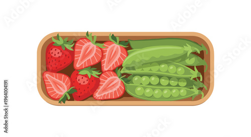 Fresh strawberries and green peas in a wooden box, healthy food, top view, isolated on white background, vibrant colors