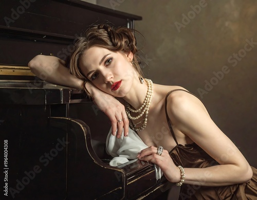 A woman in a brown dress leaning on a piano