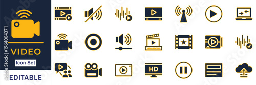 OTT Media Broadcasting and Cloud Streaming Infrastructure Icon Set

