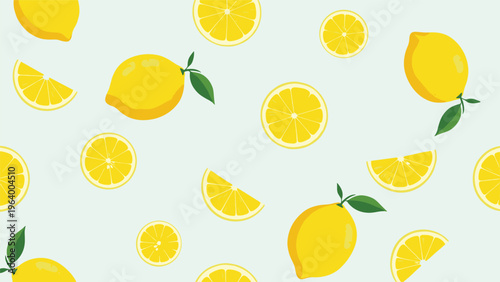 Vibrant seamless pattern of fresh whole lemons and sliced lemon wedges with green leaves on a light pastel blue background.