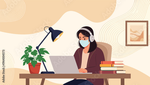 Professional woman wearing a protective face mask and headphones while working on a laptop at a desk during remote work hours.