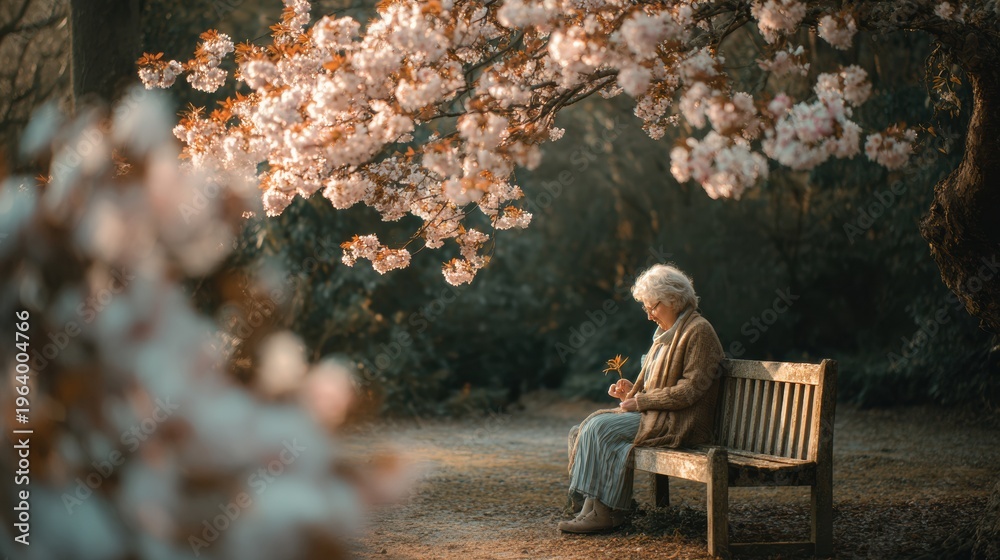 Fototapeta premium Senior Woman Sits on a Park Bench in Spring, Holding a Flower While Surrounded by Blooming Trees and Enjoying Natures Beauty