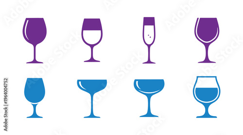 Set of bright and modern wine glass icons with various designs.