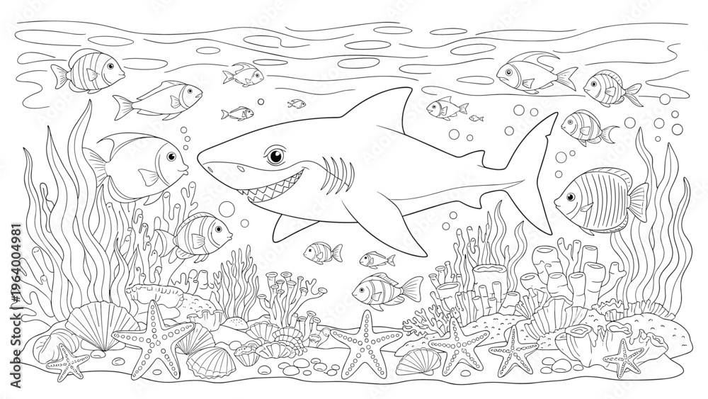 Obraz premium Intricate black and white coloring book page featuring a large shark swimming among schools of fish in a reef.