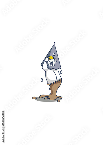 Tired middle aged man under rain, fatigue and burnout concept, emotional state illustration, simple flat style