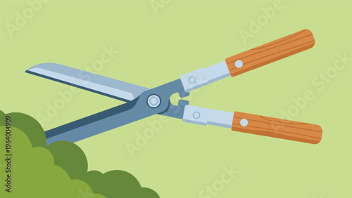 Flat design illustration showing a pair of garden hedge shears cutting through a lush green bush.