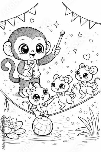 Cute monkey performing in a circus with mice balancing on a ball and tightrope in a whimsical setting