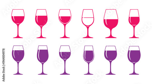 Multicolored collection of wine glass icons representing various shapes and types.