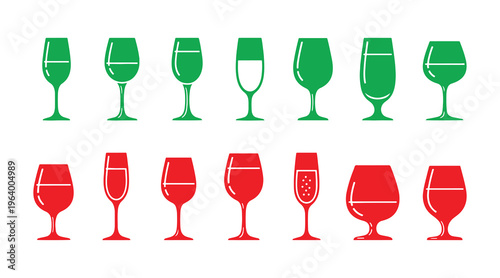A colorful icon set featuring different styles of wine glasses in vector format.