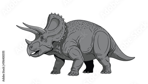Detailed gray scale illustration of a powerful triceratops dinosaur standing on a plain white background.