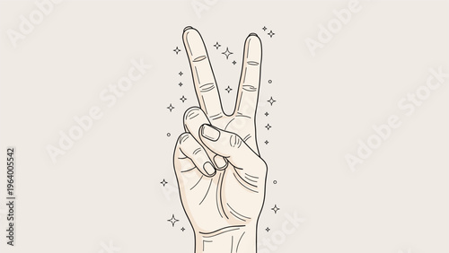 Spiritual line art illustration of a human hand making a peace gesture surrounded by mystical stars and cosmic dust.