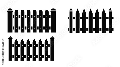 Collection of three black picket fence silhouette sections with different post styles for gardening and property boundary concepts.