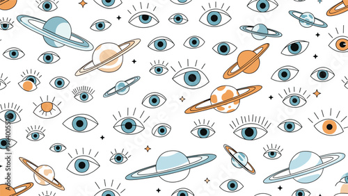 Creative seamless pattern featuring mystical third eye symbols and colorful ringed planets floating on a clean white background.