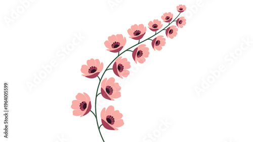 Beautiful branch of blooming pink poppy flowers with dark centers isolated on a solid white background for floral design projects.