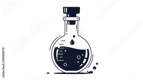 Stylized black and white illustration of a round laboratory flask filled with a dark bubbling liquid for science and chemistry.