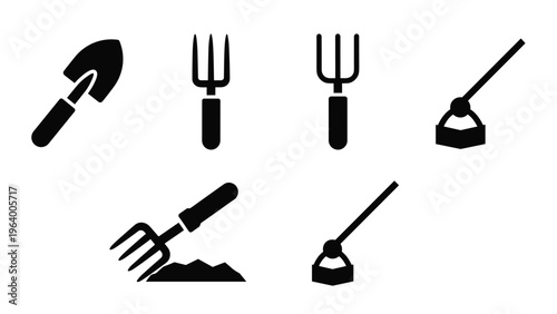 Set of black flat icons representing common gardening hand tools like a trowel, a hand fork, and a digging hoe for landscaping.