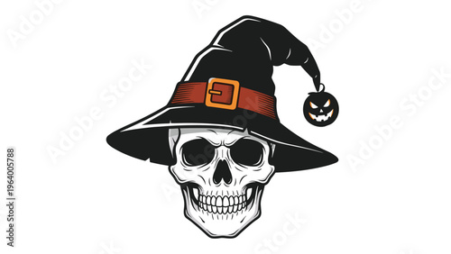 Spooky halloween illustration of a realistic human skull wearing a pointed black witch hat decorated with a small jack-o-lantern.
