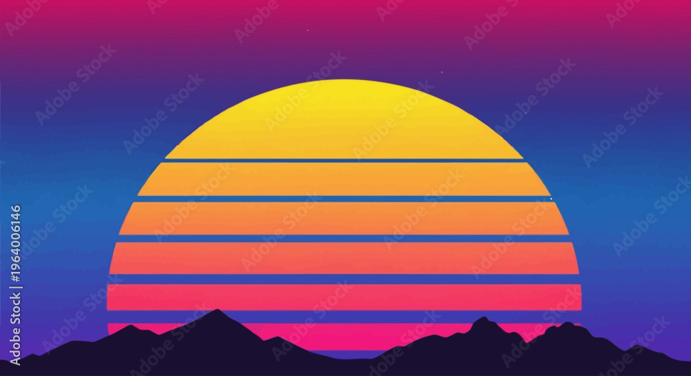 Obraz premium Vibrant retro sunset vector illustration with a stunning gradient sky and minimalist mountain silhouette, evoking a nostalgic 80s aesthetic and digital art style for modern design projects